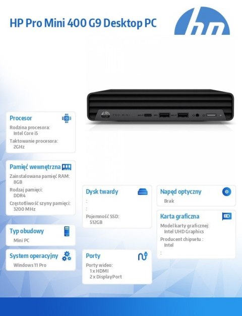 Komputer Pro 400 Mini G9 i5-12500T 512GB/8GB/W11P 885H7EA