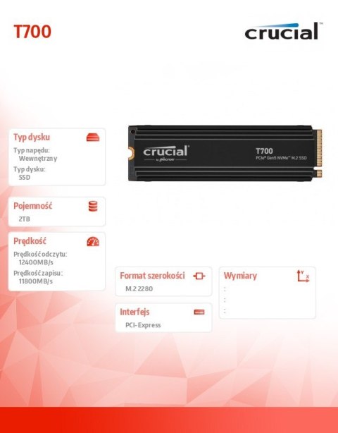 Dysk SSD T700 2TB M.2 NVMe 2280 PCIe 5.0 12400/11800 Radiator Dysk SSD T700 2TB M.2 NVMe 2280 PCIe 5.0 12400/11800 Radiator
