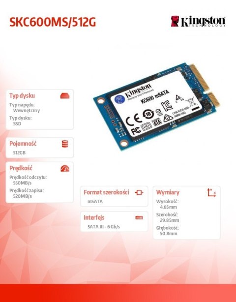 Dysk SSD SKC600 512GB mSATA 550/520 MB/s Dysk SSD SKC600 512GB mSATA 550/520 MB/s