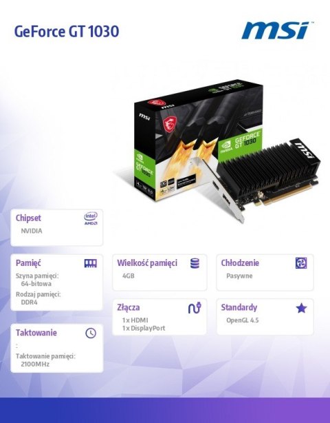 Karta graficzna GeForce GT 1030 4GHD4 LP OC 4GD DR4 64BIT DP/HDMI Karta graficzna GeForce GT 1030 4GHD4 LP OC 4GD DR4 64BIT DP/HDMI