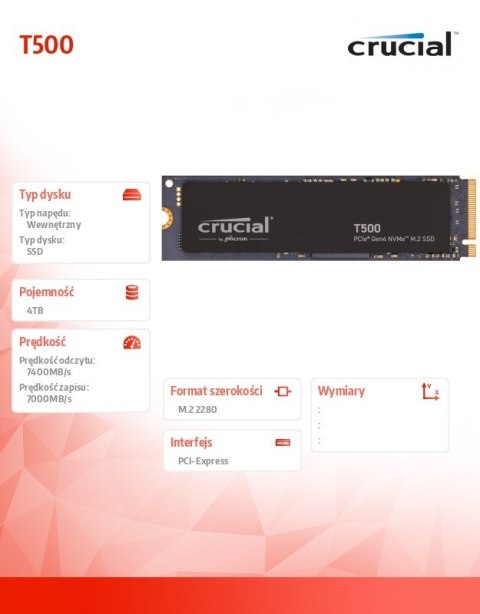Dysk SSD T500 4TB M.2 NVMe 2280 PCIe 4.0 7000/6900 Dysk SSD T500 4TB M.2 NVMe 2280 PCIe 4.0 7000/6900