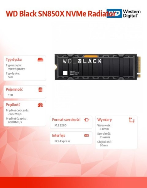 Dysk SSD WD Black 1TB SN850X NVMe M.2 PCIe Radiator Dysk SSD WD Black 1TB SN850X NVMe M.2 PCIe Radiator