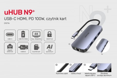 HUB USB-C 9w1, USB-C, HDMI 2.0, RJ45, PD 100W, czytnik SD; D1071A HUB USB-C 9w1, USB-C, HDMI 2.0, RJ45, PD 100W, czytnik SD; D1071A