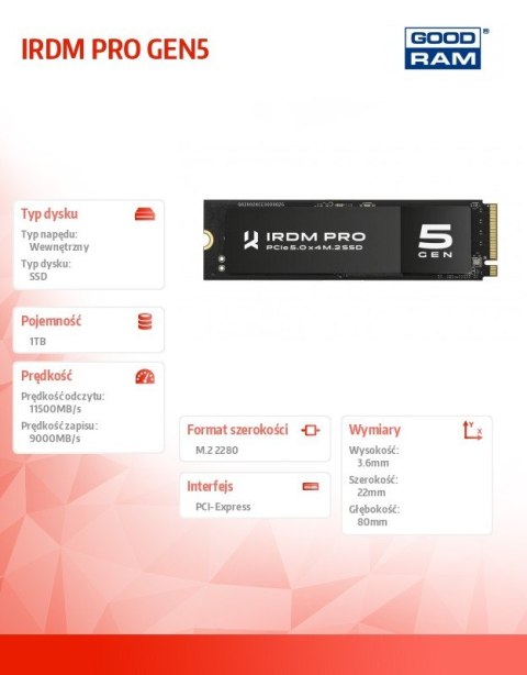 Dysk SSD IRDM PRO P54S Gen5 1TB 5x4 2280 5x4 2280 11500/9000MB/s Dysk SSD IRDM PRO P54S Gen5 1TB 5x4 2280 5x4 2280 11500/9000MB/s