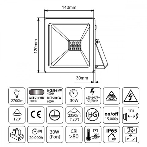 Naświetlacz Led Slim 30 W 2400lm MCE530 CW Naświetlacz Led Slim 30 W 2400lm MCE530 CW