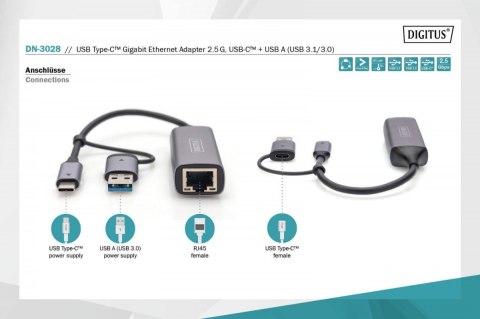 Karta sieciowa przewodowa USB 3.1 Typ C + USB A do 1x RJ45 2.5 Gigabit Ethernet 10/100/1000/2500Mbps Karta sieciowa przewodowa USB 3.1 Typ C + USB A do 1x RJ45 2.5 Gigabit Ethernet 10/100/1000/2500Mbps