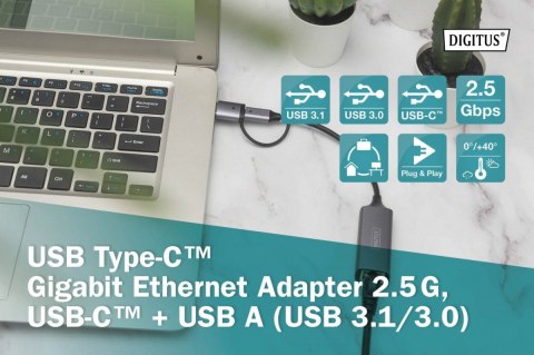 Karta sieciowa przewodowa USB 3.1 Typ C + USB A do 1x RJ45 2.5 Gigabit Ethernet 10/100/1000/2500Mbps Karta sieciowa przewodowa USB 3.1 Typ C + USB A do 1x RJ45 2.5 Gigabit Ethernet 10/100/1000/2500Mbps
