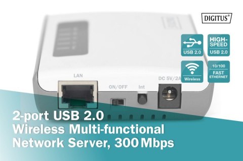 Serwer sieciowy wielofunkcyjny, bezprzewodowy 2-portowy, USB 2.0, 300Mbps Serwer sieciowy wielofunkcyjny, bezprzewodowy 2-portowy, USB 2.0, 300Mbps