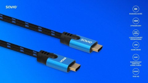 Kabel HDMI (M) v2.1, 3m, 8K, miedź, niebiesko-czarny, złote końcówki, ethernet/3D, CL-143 Kabel HDMI (M) v2.1, 3m, 8K, miedź, niebiesko-czarny, złote końcówki, ethernet/3D, CL-143
