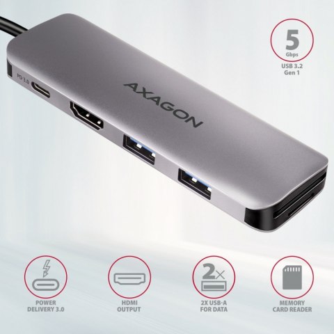 HMC-5 Wieloportowy hub USB 5in1, 5Gbps, 2x USB-A, HDMI 4K/30Hz, SD/microSD, PD 100W, 20cm USB-C kabel HMC-5 Wieloportowy hub USB 5in1, 5Gbps, 2x USB-A, HDMI 4K/30Hz, SD/microSD, PD 100W, 20cm USB-C kabel