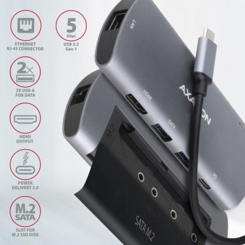 HMC-6M2 Wieloportowy hub USB-C 3.2 Gen 1, slot M.2 SATA + HDMI + GLAN + 2x USB-A + PD 100W HMC-6M2 Wieloportowy hub USB-C 3.2 Gen 1, slot M.2 SATA + HDMI + GLAN + 2x USB-A + PD 100W
