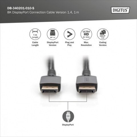 Kabel połączeniowy PREMIUM DisplayPort 8K60Hz UHD DP/DP M/M 1m Czarny Kabel połączeniowy PREMIUM DisplayPort 8K60Hz UHD DP/DP M/M 1m Czarny