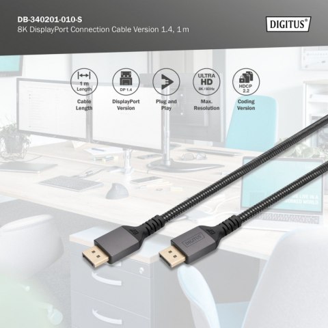 Kabel połączeniowy PREMIUM DisplayPort 8K60Hz UHD DP/DP M/M 1m Czarny Kabel połączeniowy PREMIUM DisplayPort 8K60Hz UHD DP/DP M/M 1m Czarny
