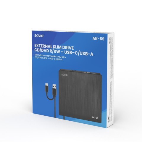 Zewnętrzna nagrywarka typu Slim CD/DVD R/RW, USB-C/USB-A, AK-59 Zewnętrzna nagrywarka typu Slim CD/DVD R/RW, USB-C/USB-A, AK-59