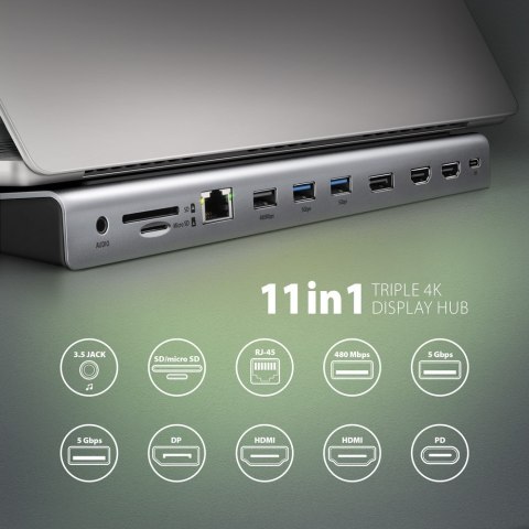 HMC-4KX3 Wieloportowy hub USB 11in1, 5Gbps, 3x USB-A, 2x HDMI 4K/60Hz+ DP 4K/60Hz+ GLAN + SD/microSD + audio, PD 100W, 40cm USB- HMC-4KX3 Wieloportowy hub USB 11in1, 5Gbps, 3x USB-A, 2x HDMI 4K/60Hz+ DP 4K/60Hz+ GLAN + SD/microSD + audio, PD 100W, 40cm USB-