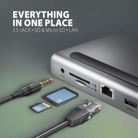 HMC-4KX3 Wieloportowy hub USB 11in1, 5Gbps, 3x USB-A, 2x HDMI 4K/60Hz+ DP 4K/60Hz+ GLAN + SD/microSD + audio, PD 100W, 40cm USB- HMC-4KX3 Wieloportowy hub USB 11in1, 5Gbps, 3x USB-A, 2x HDMI 4K/60Hz+ DP 4K/60Hz+ GLAN + SD/microSD + audio, PD 100W, 40cm USB-