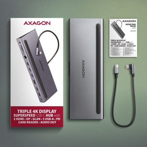 HMC-4KX3 Wieloportowy hub USB 11in1, 5Gbps, 3x USB-A, 2x HDMI 4K/60Hz+ DP 4K/60Hz+ GLAN + SD/microSD + audio, PD 100W, 40cm USB- HMC-4KX3 Wieloportowy hub USB 11in1, 5Gbps, 3x USB-A, 2x HDMI 4K/60Hz+ DP 4K/60Hz+ GLAN + SD/microSD + audio, PD 100W, 40cm USB-