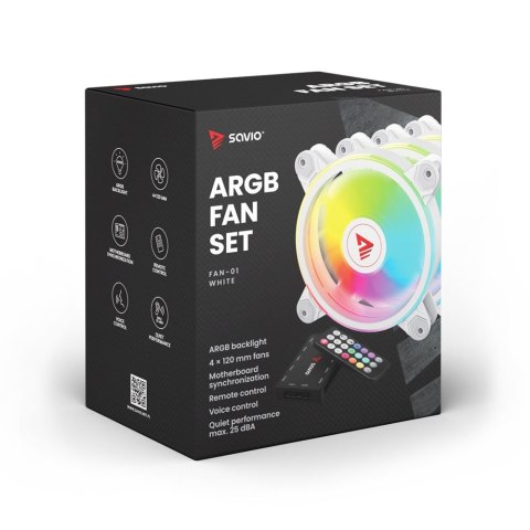 Wentylator FAN-01 White 4-pack 120mm ARGB wraz kontrolerem oraz pilotem Wentylator FAN-01 White 4-pack 120mm ARGB wraz kontrolerem oraz pilotem