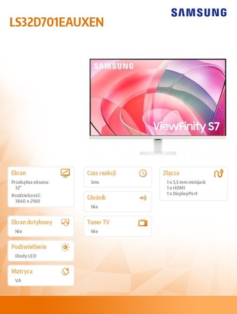 Monitor 32 cali ViewFinity S70D VA 3840x2160 UHD 16:9 1xHDMI 1xDP 5ms PinP/PbyP 60Hz płaski biały 2Yd2d Monitor 32 cali ViewFinity S70D VA 3840x2160 UHD 16:9 1xHDMI 1xDP 5ms PinP/PbyP 60Hz płaski biały 2Yd2d