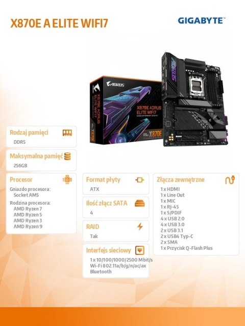 Płyta główna X870E A ELITE WIFI7 AM5 4DDR5 HDMI/USB-C ATX Płyta główna X870E A ELITE WIFI7 AM5 4DDR5 HDMI/USB-C ATX