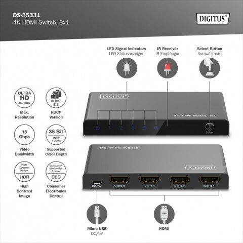 Przełącznik/Switch 4K HDMI 3x1, 60Hz HDCP 2.3, pilot, Czarny Przełącznik/Switch 4K HDMI 3x1, 60Hz HDCP 2.3, pilot, Czarny