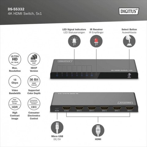 Przełącznik/Switch 4K HDMI 5x1, 60Hz HDCP 2.3, pilot, Czarny Przełącznik/Switch 4K HDMI 5x1, 60Hz HDCP 2.3, pilot, Czarny