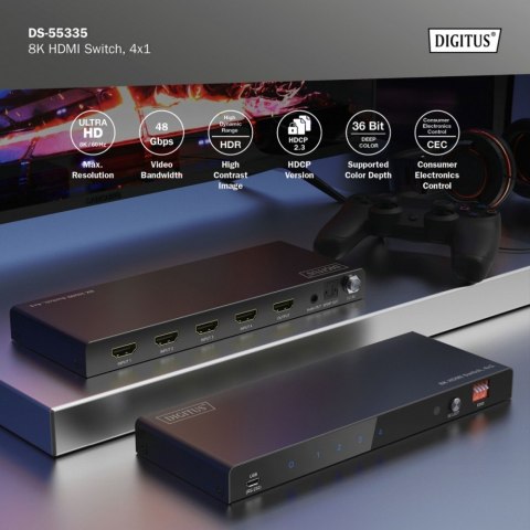 Przełącznik / Switch HDMI 4x1, 8K/60Hz (4:4:4) z HDR, 48 Gbps, HDCP 2.3, Toslink / Stereo, EDID Przełącznik / Switch HDMI 4x1, 8K/60Hz (4:4:4) z HDR, 48 Gbps, HDCP 2.3, Toslink / Stereo, EDID