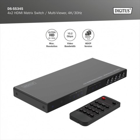 Przełącznik/Matrix HDMI 4/2-porty 4K/30Hz UHD HDCP 1.4 audio z pilotem Przełącznik/Matrix HDMI 4/2-porty 4K/30Hz UHD HDCP 1.4 audio z pilotem