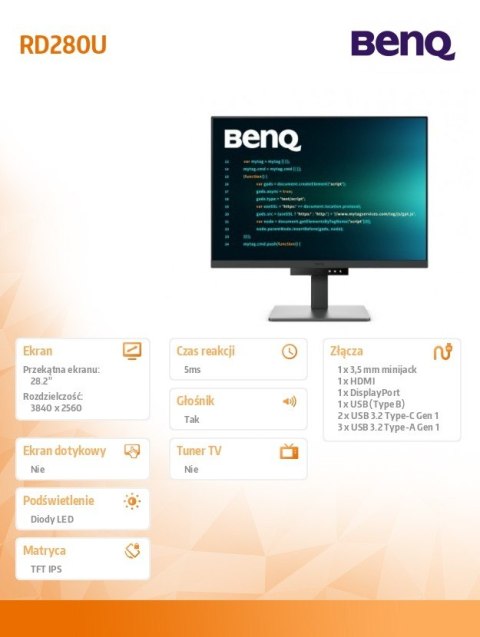 Monitor 28 cali RD280U 4K IPS 5ms/IPS/1200:1/HDMI/DP Monitor 28 cali RD280U 4K IPS 5ms/IPS/1200:1/HDMI/DP