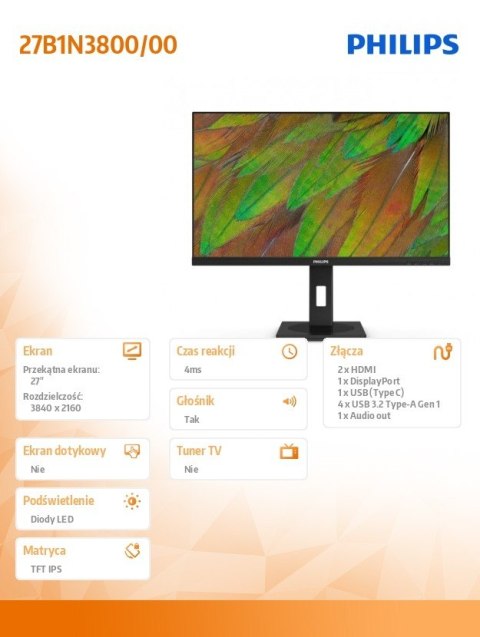 Monitor 27B1N3800 27 cali IPS 4K HDMIx2 DP USB-C Pivot Głośniki Monitor 27B1N3800 27 cali IPS 4K HDMIx2 DP USB-C Pivot Głośniki