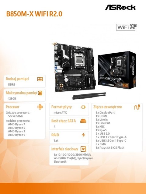 Płyta główna B850M-X WIFI R2.0 AM5 2DDR5 M.2 USBC mATX Płyta główna B850M-X WIFI R2.0 AM5 2DDR5 M.2 USBC mATX