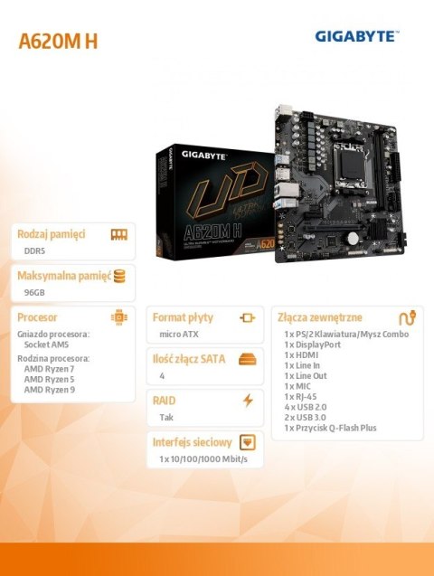 Płyta główna A620M H AM5 2DDR5 HDMI/DP M.2 mATX Płyta główna A620M H AM5 2DDR5 HDMI/DP M.2 mATX