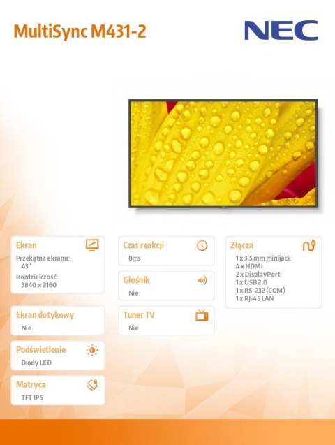 Monitor wielkoformatowy MultiSync M431-2 43 cale UHD 500cd/m2 24/7 Monitor wielkoformatowy MultiSync M431-2 43 cale UHD 500cd/m2 24/7