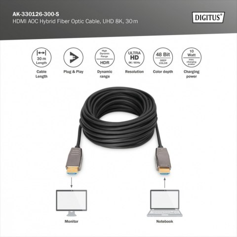 Kabel połączeniowy hybrydowy AOC HDMI 2.1 Ultra High Speed 8K/60Hz UHD HDMI A/HDMI A M/M 30m Czarny Kabel połączeniowy hybrydowy AOC HDMI 2.1 Ultra High Speed 8K/60Hz UHD HDMI A/HDMI A M/M 30m Czarny
