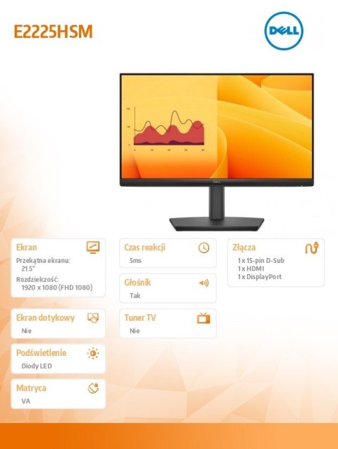 Monitor E2225HSM 21.5 cala LED VA Full HD (1920 x1080)/16:9/DP/HDMI/VGA/Speakers/3Y Monitor E2225HSM 21.5 cala LED VA Full HD (1920 x1080)/16:9/DP/HDMI/VGA/Speakers/3Y