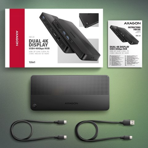 HMC-U4 Wieloportowy hub USB 12in1, USB 4.0 40Gbps, 3x USB-A, 2x USB-C, GLAN, HDMI 8K, DP 8K, PD 100W, HQ audio 24bit, UHS II SD/ HMC-U4 Wieloportowy hub USB 12in1, USB 4.0 40Gbps, 3x USB-A, 2x USB-C, GLAN, HDMI 8K, DP 8K, PD 100W, HQ audio 24bit, UHS II SD/
