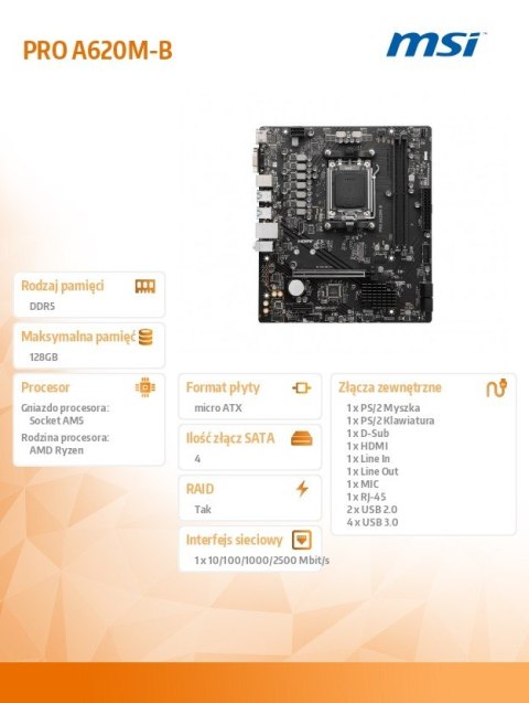Płyta główna PRO A620M-B AM5 2DDR5 HDMI/M2 mATX Płyta główna PRO A620M-B AM5 2DDR5 HDMI/M2 mATX