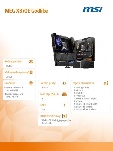Płyta główna MEG X870E GODLIKE AM5 4DDR5 ATX Płyta główna MEG X870E GODLIKE AM5 4DDR5 ATX