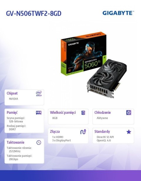 Karta graficzna GeForce RTX 5060 Ti WINDFORCE 8G 128BIT GDDR7 HDMI/3DP Karta graficzna GeForce RTX 5060 Ti WINDFORCE 8G 128BIT GDDR7 HDMI/3DP
