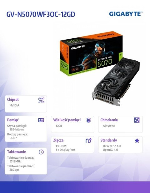 Karta graficzna GeForce RTX 5070 WINDFORCE OC SFF 12G 192BIT 3DP/HDMI Karta graficzna GeForce RTX 5070 WINDFORCE OC SFF 12G 192BIT 3DP/HDMI