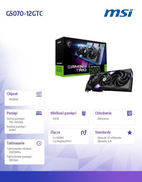 Karta graficzna GeForce RTX 5070 12G GAMING TRIO OC GDDR7 192bit HDMI/3DP Karta graficzna GeForce RTX 5070 12G GAMING TRIO OC GDDR7 192bit HDMI/3DP