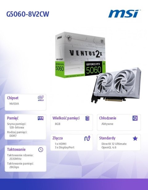 Karta graficzna GeFroce RTX 5060 8G VENTUS 2X OC WHITE Karta graficzna GeFroce RTX 5060 8G VENTUS 2X OC WHITE