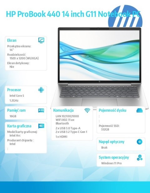 Notebook ProBook 440 G11 U5-125H 512GB/16GB/W11P/14 cali A38DJET Notebook ProBook 440 G11 U5-125H 512GB/16GB/W11P/14 cali A38DJET