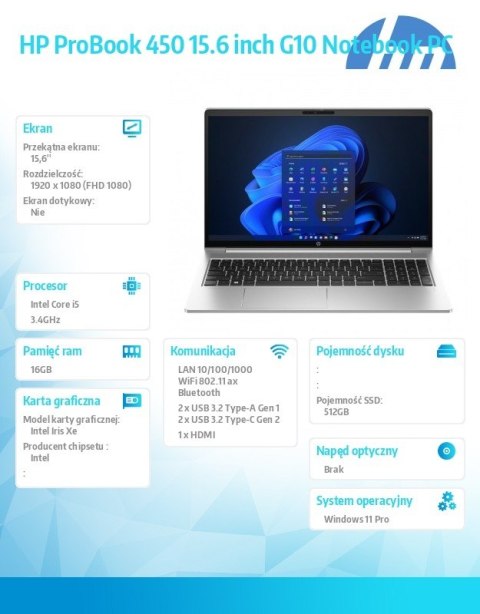 Notebook ProBook 450 G10 i5-1334U 512GB/16GB/W11P AD1D1ET Notebook ProBook 450 G10 i5-1334U 512GB/16GB/W11P AD1D1ET
