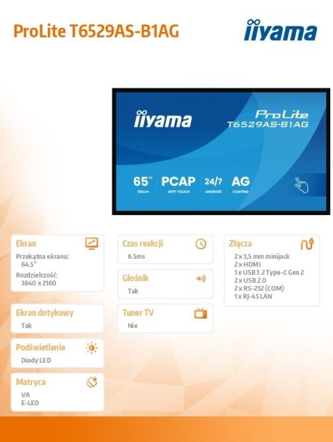 Monitor 65 cali T6529AS-B1AG VA,4K,HDMIx2,USB-C,RJ45,2x10W,WiFi, Android 14, Signal FailOver, Whiteboard, iiSignage2 (CMS), Monitor 65 cali T6529AS-B1AG VA,4K,HDMIx2,USB-C,RJ45,2x10W,WiFi, Android 14, Signal FailOver, Whiteboard, iiSignage2 (CMS),