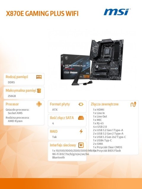 Płyta główna X870E GAMING PLUS WIFI AM5 4DDR5 ATX Płyta główna X870E GAMING PLUS WIFI AM5 4DDR5 ATX