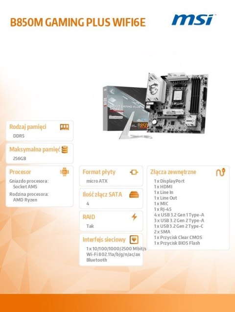 Płyta główna B850M GAMING PLUS WIFI6E AM5 4DDR5 mATX Płyta główna B850M GAMING PLUS WIFI6E AM5 4DDR5 mATX
