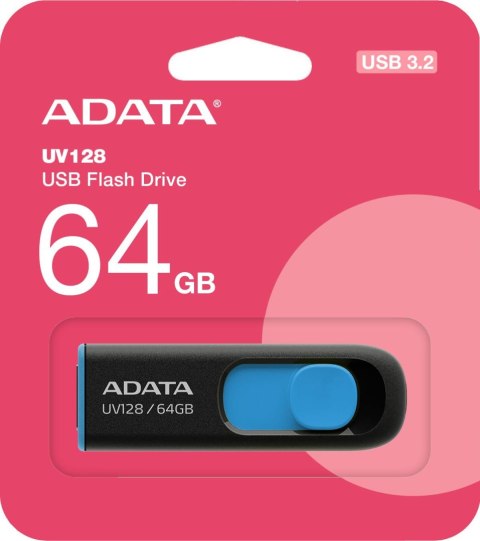 Adata Pendrive UV128 64GB USB 3.2 Gen1 czarno - niebieski Adata Pendrive UV128 64GB USB 3.2 Gen1 czarno - niebieski