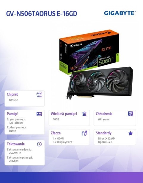 Karta graficzna GeForce RTX 5060 Ti AORUS ELITE 16G 128BIT GDDR7 HDMI/3DP Karta graficzna GeForce RTX 5060 Ti AORUS ELITE 16G 128BIT GDDR7 HDMI/3DP