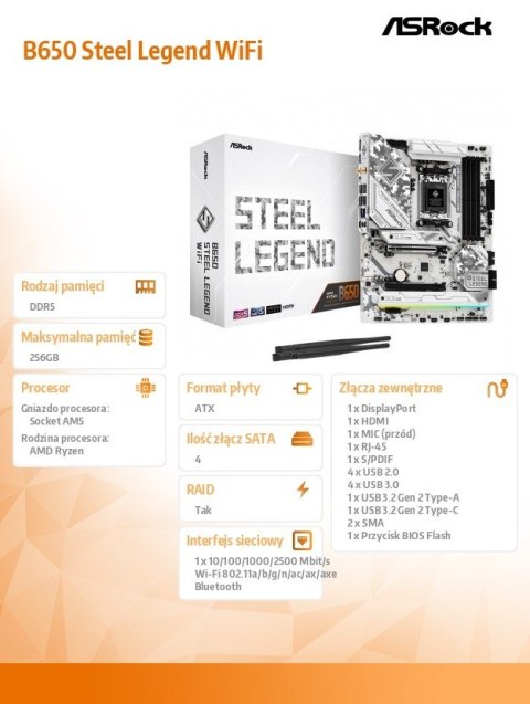Płyta główna B650 STEEL LEGEND WIFI AM5 4DDR5 HDMI/DP M.2 ATX Płyta główna B650 STEEL LEGEND WIFI AM5 4DDR5 HDMI/DP M.2 ATX